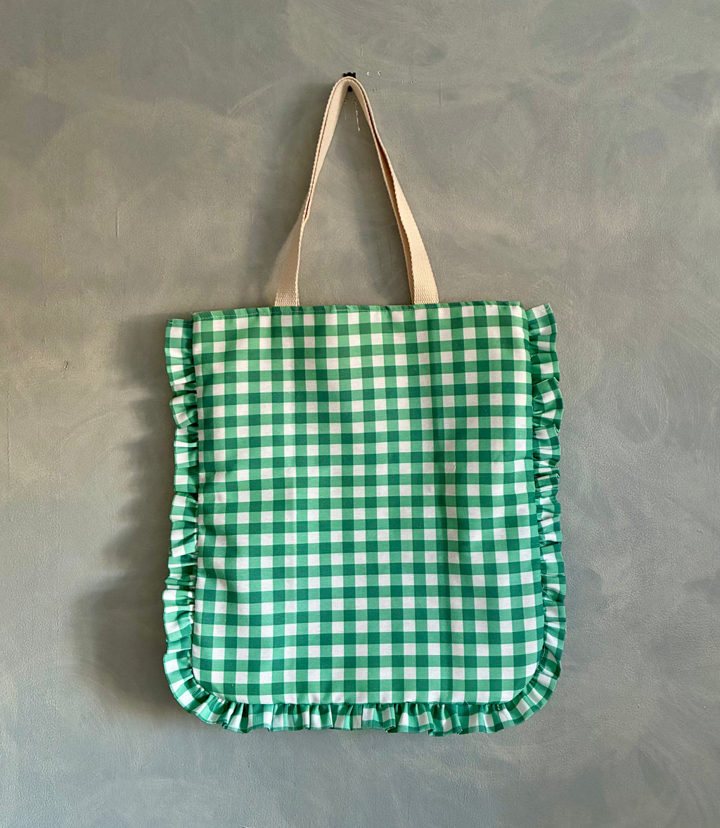 Bolso tote de cuadros verde con volante