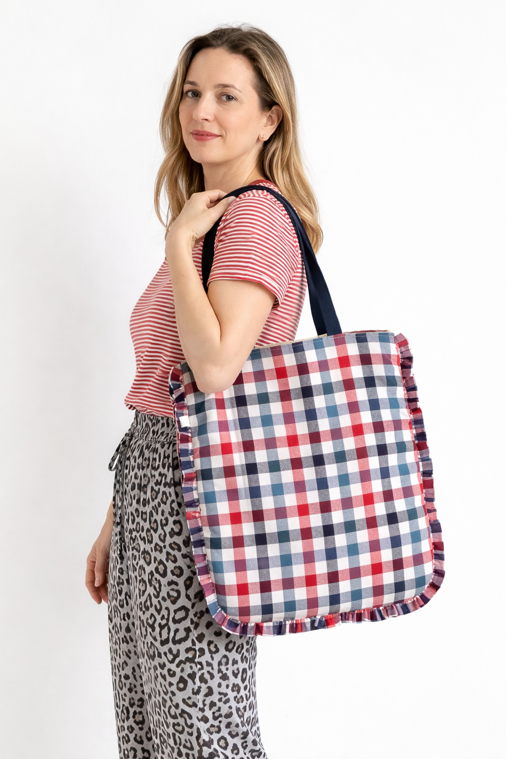 Bolso tote de cuadros con volante