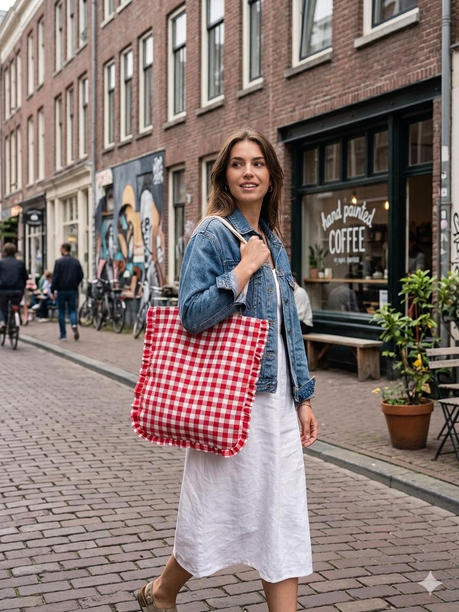 Bolso tote de cuadros rojo con volante