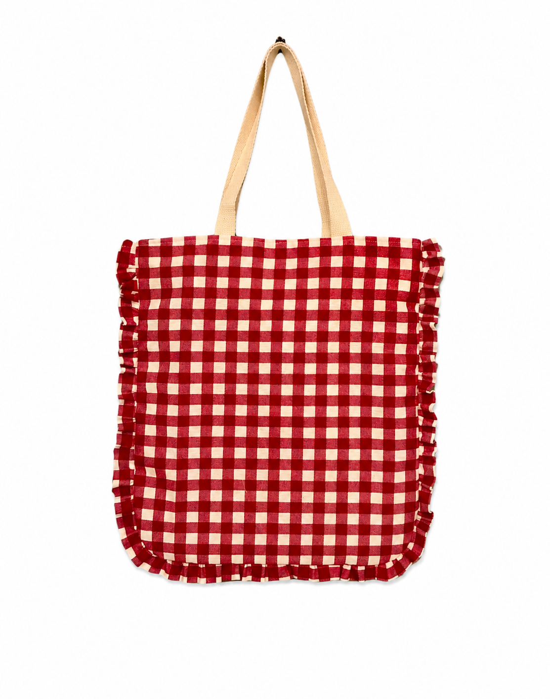 Bolso tote de cuadros rojo con volante